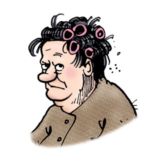 Agnes is a scowling old woman with curlers in her hair.