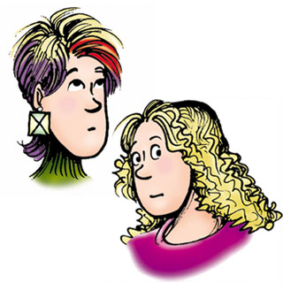 Molly is a teenage girl with short, multicolour hair. Gayle is a teenage girl with curly blonde hair.