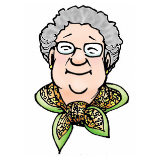 Thelma is an old white woman with short grey hair and a scarf.